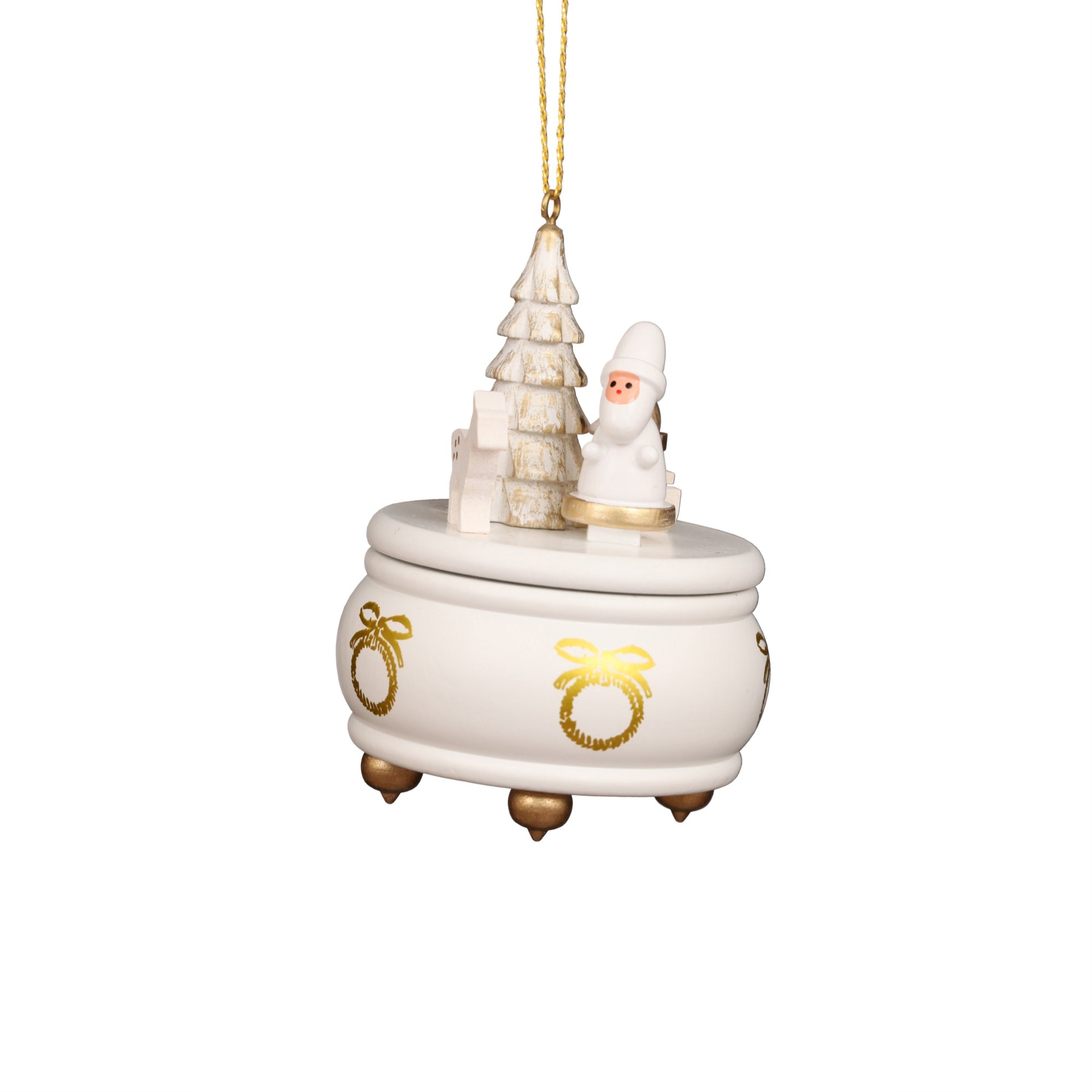 10-0921 - Christian Ulbricht Ornament - White Music Box With Santa - 3''H x 2.5''W x 2.5''D