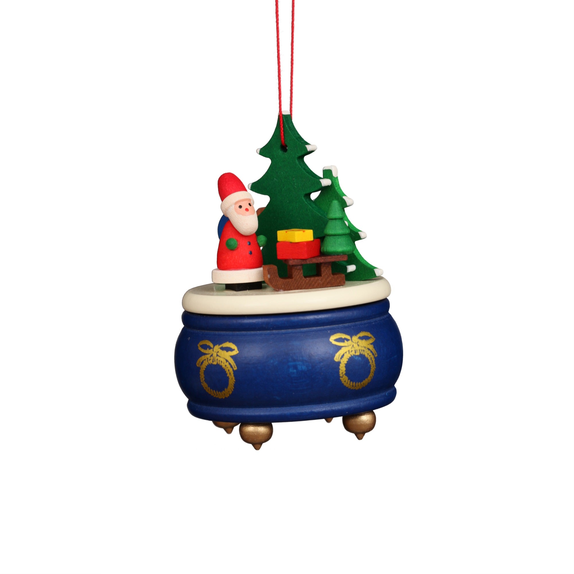 10-0925 - Christian Ulbricht Ornament - Blue Music Box With Santa - 3''H x 2.5''W x 2.5''D