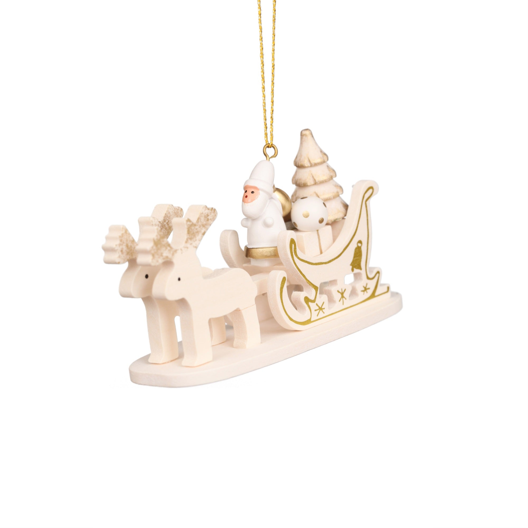 10-0928 - Christian Ulbricht Ornament - White and Gold Sled With Santa - 2.25H x 1.9W x .8D