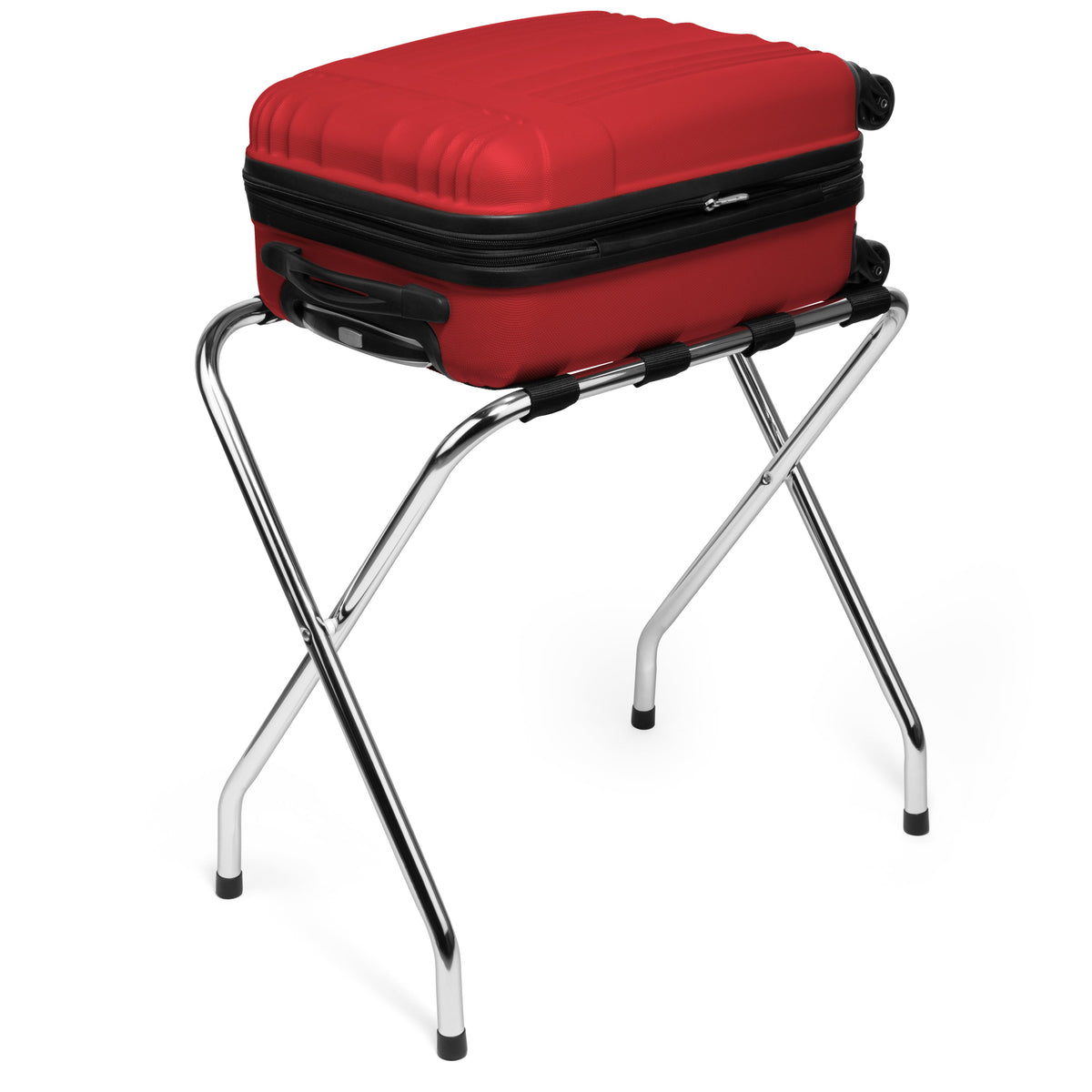 Stainless Steel X-Shaped Folding Luggage Rack with 4 Nylon Straps, Chrome Finish
