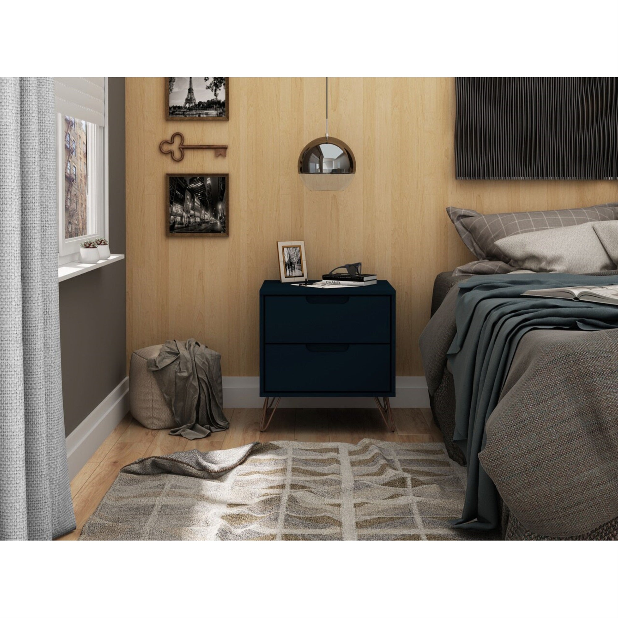 Manhattan Comfort Rockefeller 2.0 MidCentury Modern 2Drawer Nightstand in Midnight Blue