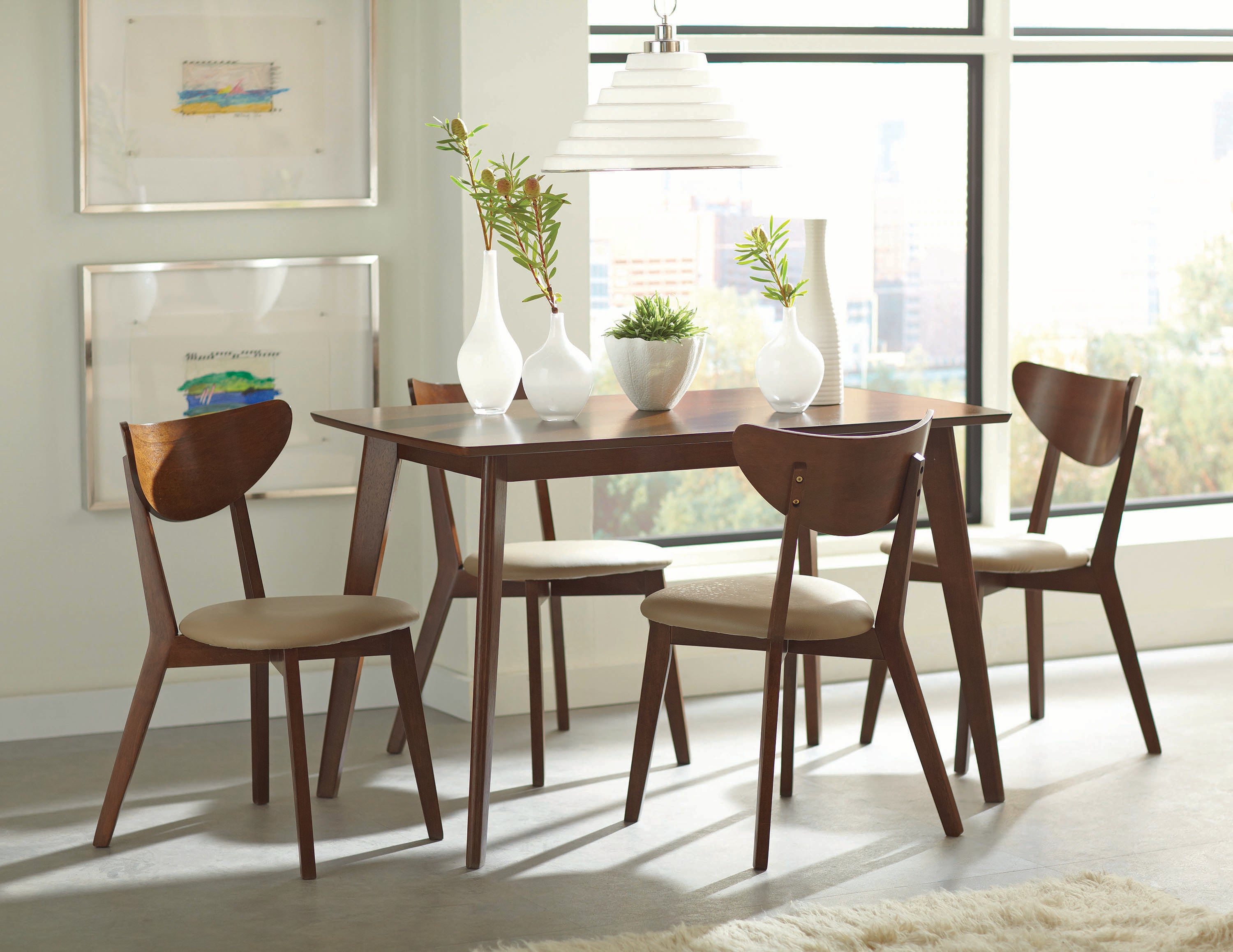 Coaster Home Furnishings Kersey Mid Century Modern Set of 2 Wood Dining Side Chairs Curved Back Padded Tan Faux Leather Polyurethane Upholstered Seat Cushion Chestnut Brown 103062