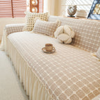 Grid Textured Sofa Cover with Sheer Ruffle Skirt, Pet-Friendly Sofa Throw Slipcover