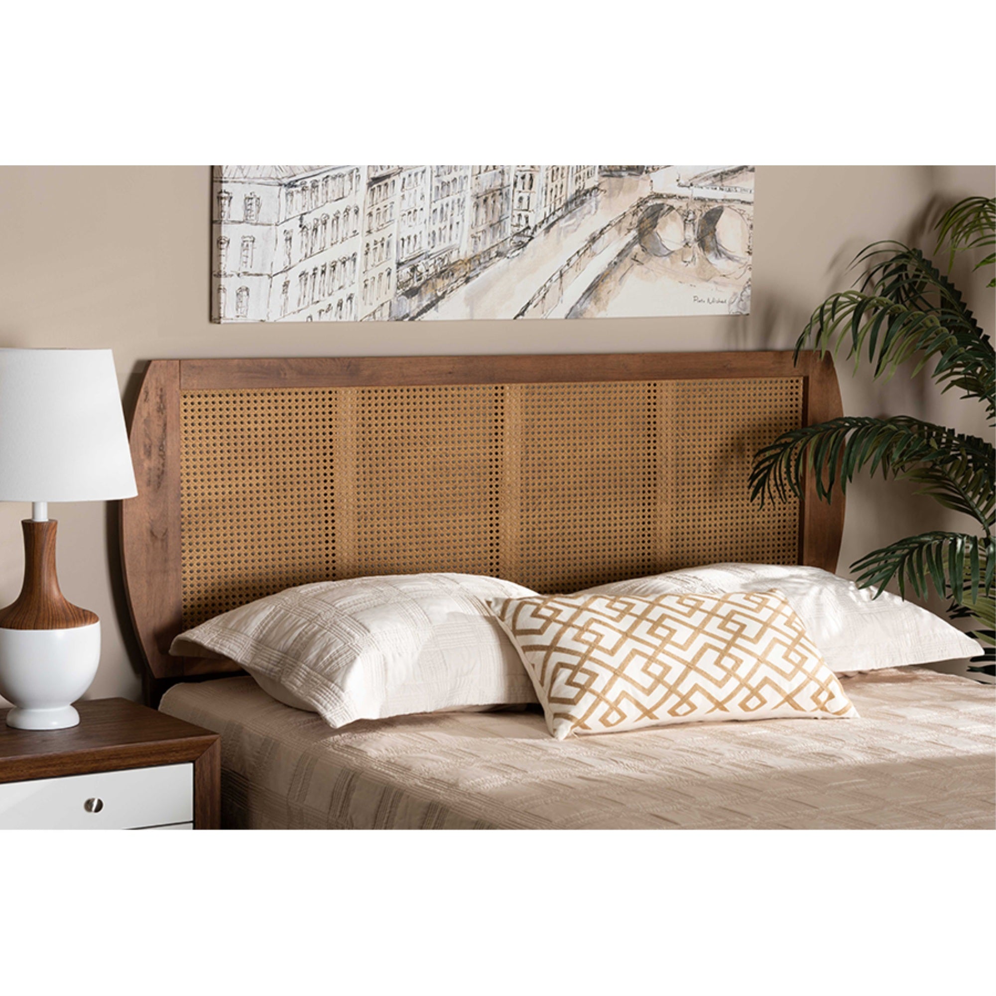 Baxton Studio Harris Mid-Century Modern Ash Walnut Finished Wood and Synthetic Rattan Queen Size Headboard