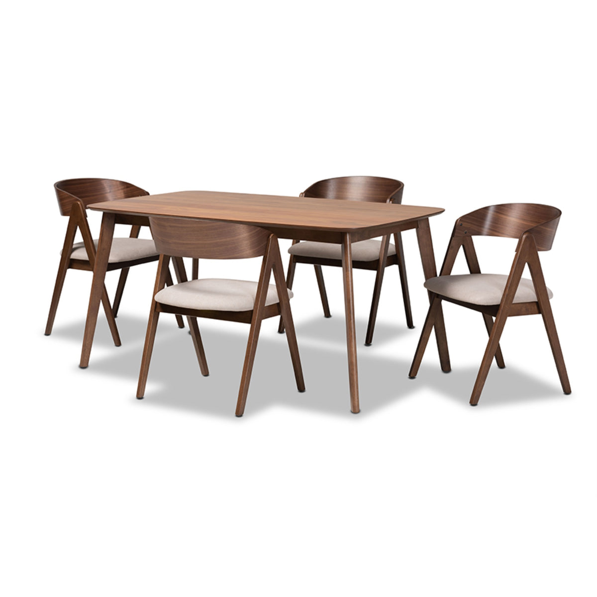 Baxton Studio Danton Midcentury Modern Beige Fabric Upholstered And Walnut Brown Finished Wood 5Piece Dining Set