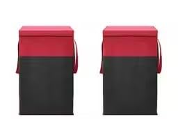 Fabric Laundry Basket with Lid and Strong Handles, Portable Clothes Hamper, Red and Black, Pack of 2