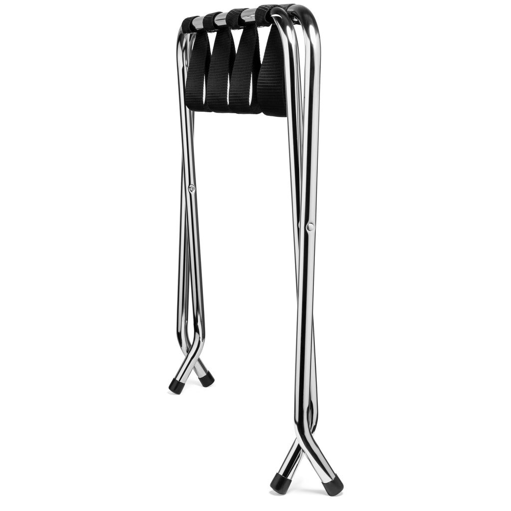 2-Tier Folding Luggage Rack, X-Shaped Steel Frame, Nylon Straps, Rubber Feet, Chrome Finish