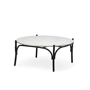 HomeRoots 36&quot; Round White Marble Top Black and Metal Base Coffee Table