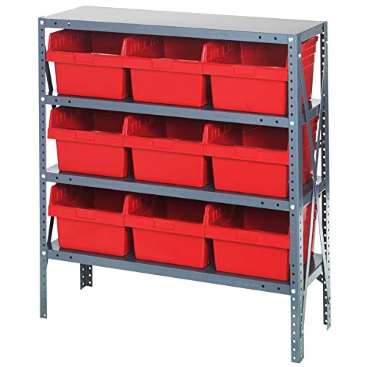 Quantum 1239Sb809Rd Shelving Unit, 12D X 36L X 39H, Carbon Steel, Galvanized With Red Bins
