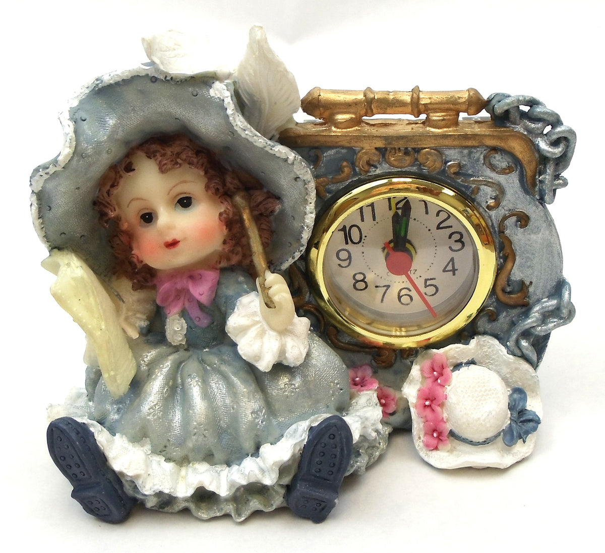 Victorian Resin Clock  Girl Musician With Flute In Blue Dress