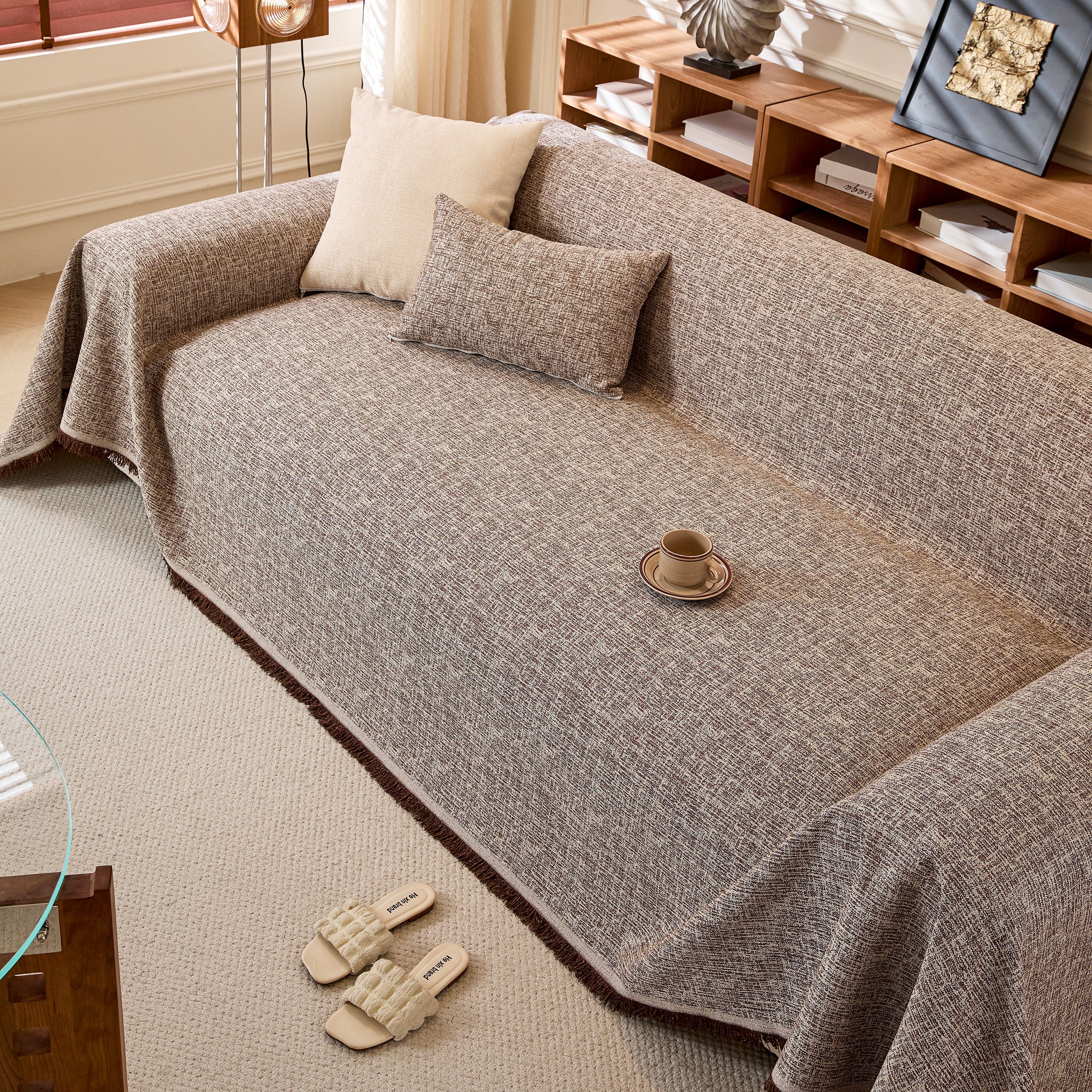 Linen-Look Textured Couch Throw Cover, Breathable Sofa Blanket & Furniture Protector