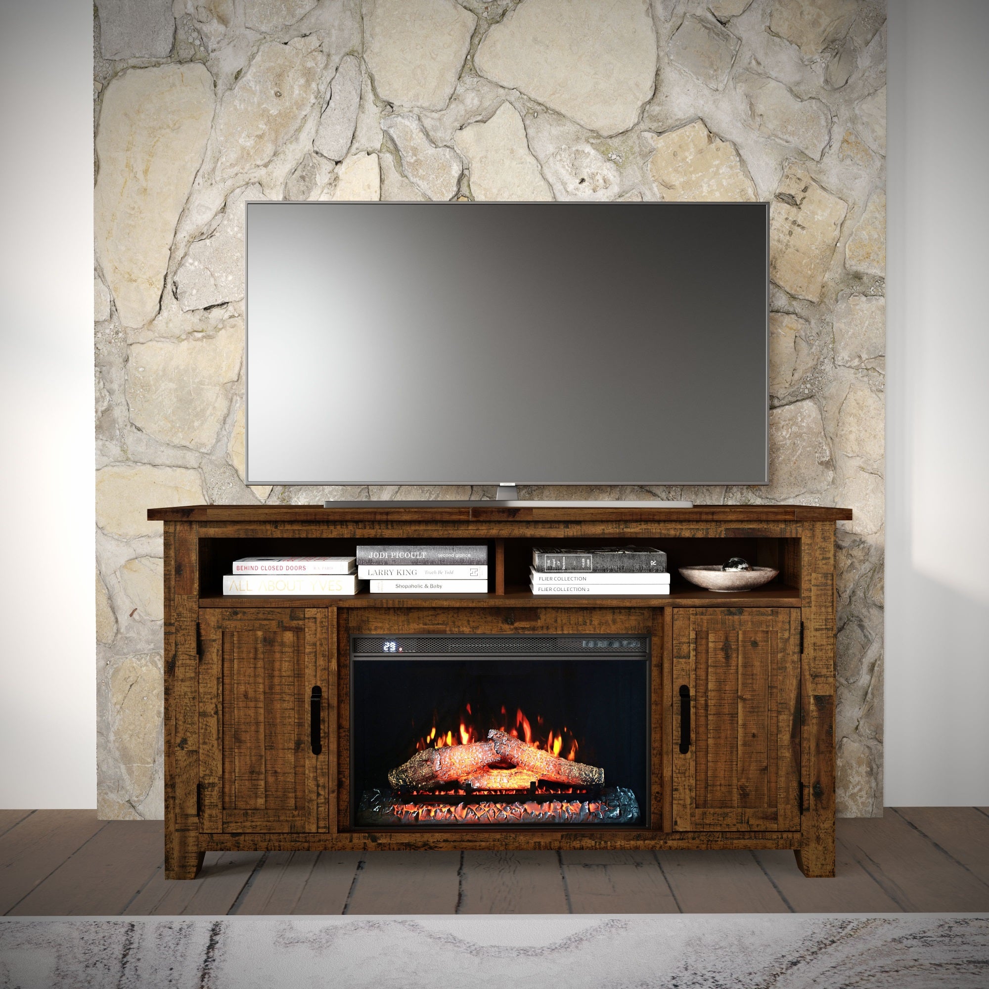 Cannon Valley Industrial Modern 60'' Storage Console TV Stand with Electric Fireplace