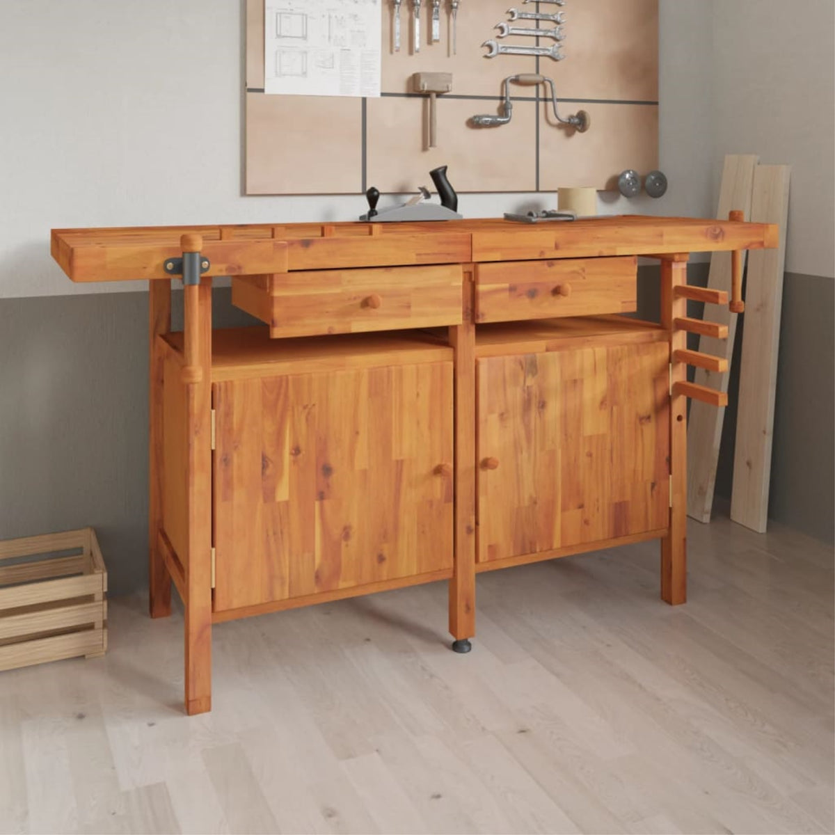 vidaXL Workbench with Drawers and Vices 63.8''x24.4''x32.7'' Solid Wood Acacia