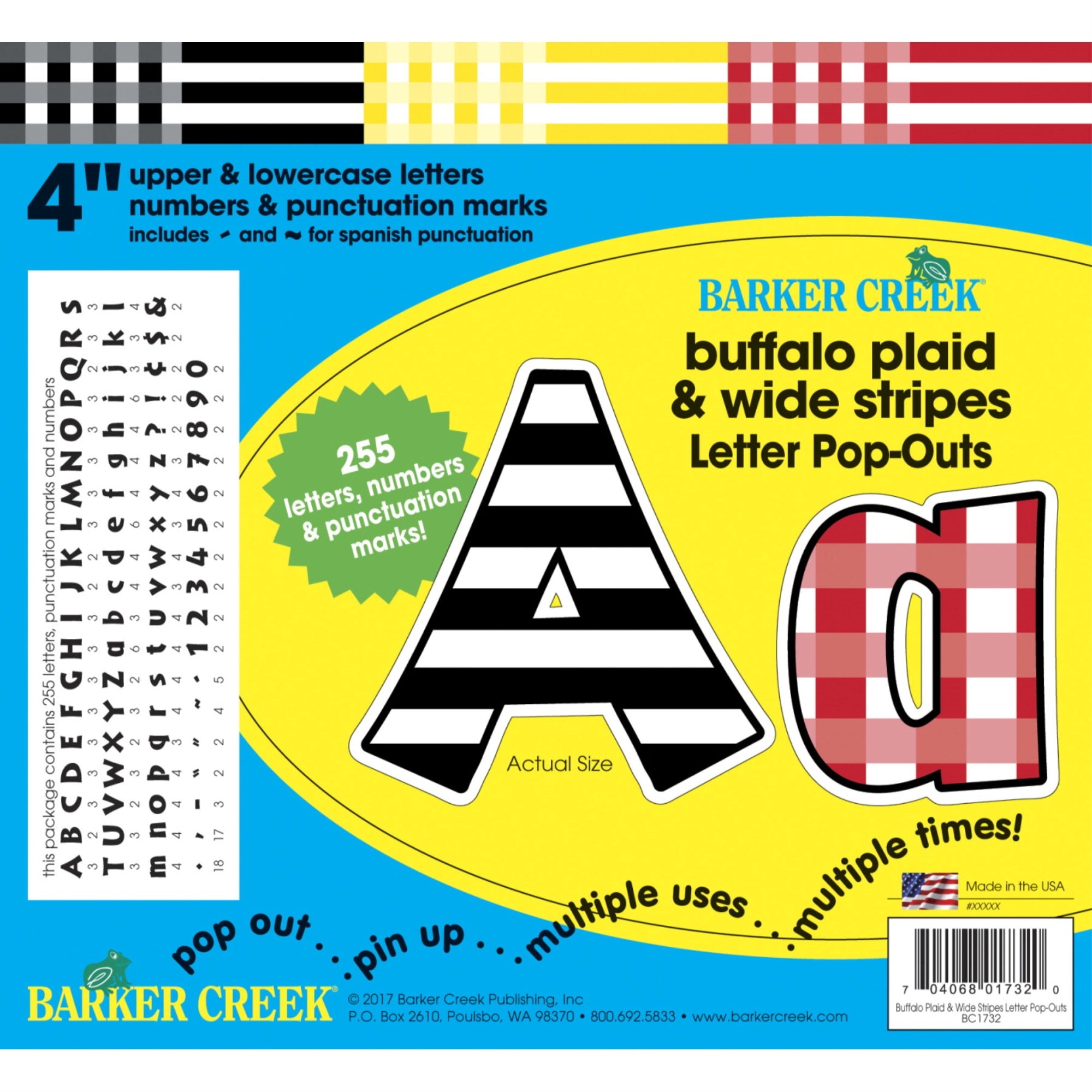 Barker Creek Letter Pop-Outs, 4 Inch, Buffalo Plaid/Wide Stripes, Set Of 255