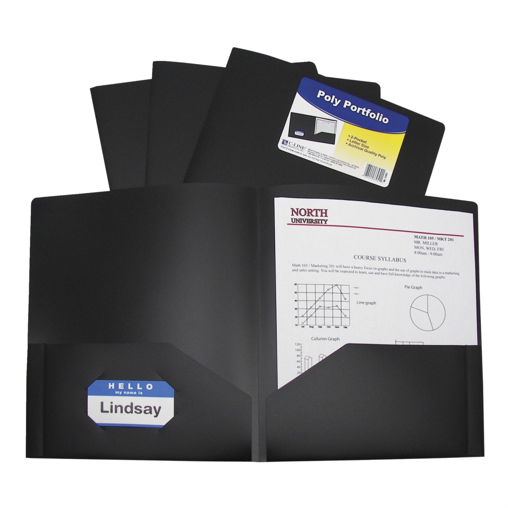 C-Line Poly Portfolio Folders, Letter, 2-Pocket, Black, Pack Of 25