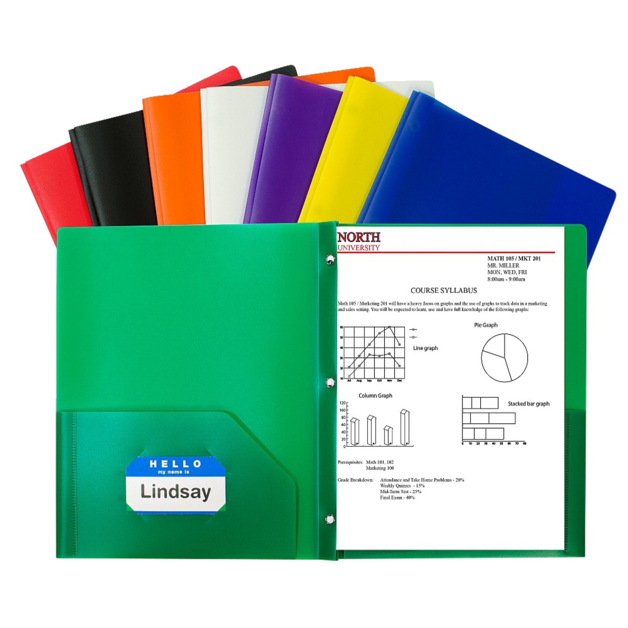 C-Line Poly Portfolio Folder With Prongs, 2-Pocket, Assorted Colors, Set Of 36