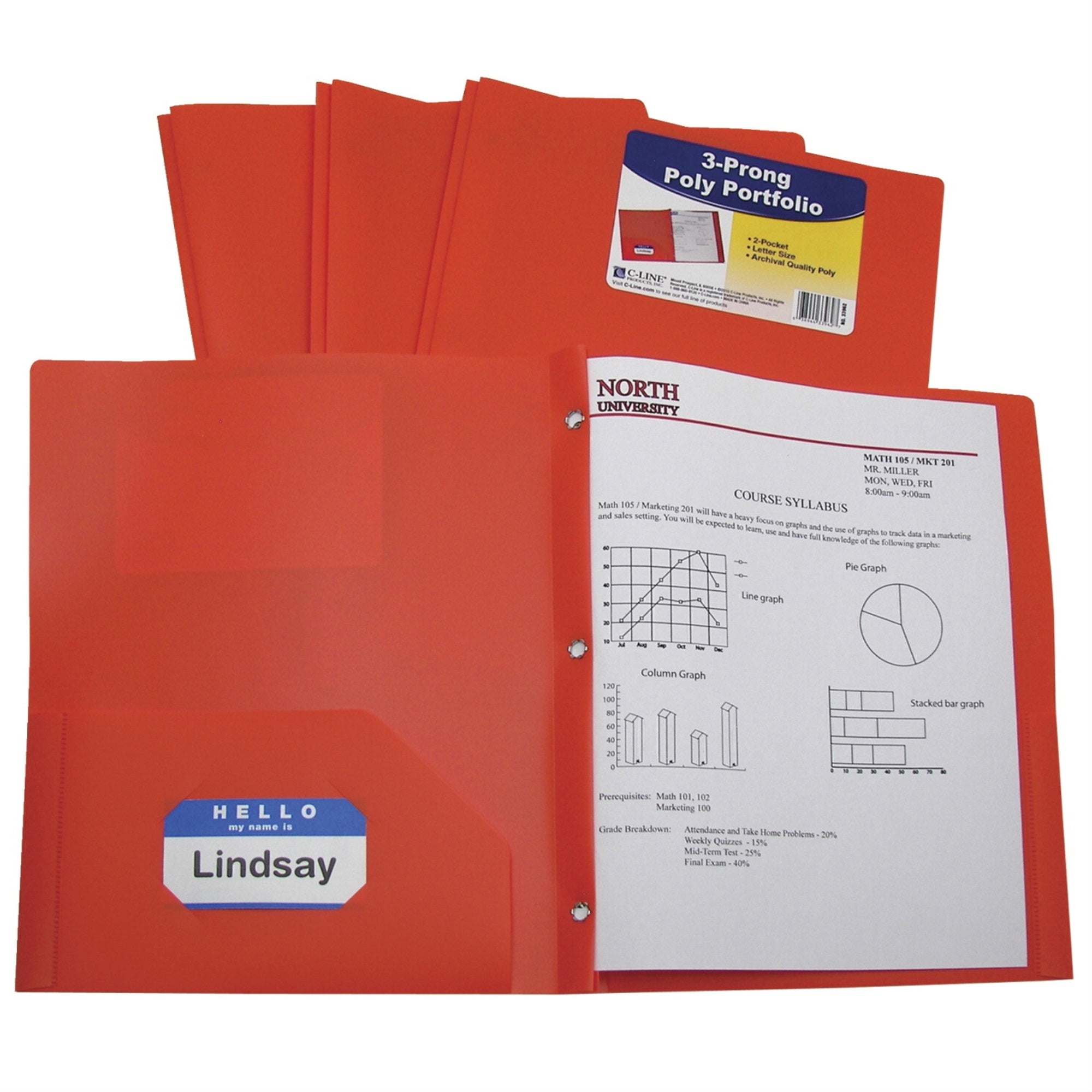 C-Line Poly Portfolio Folder With Prongs, Letter, Orange, Pack Of 25