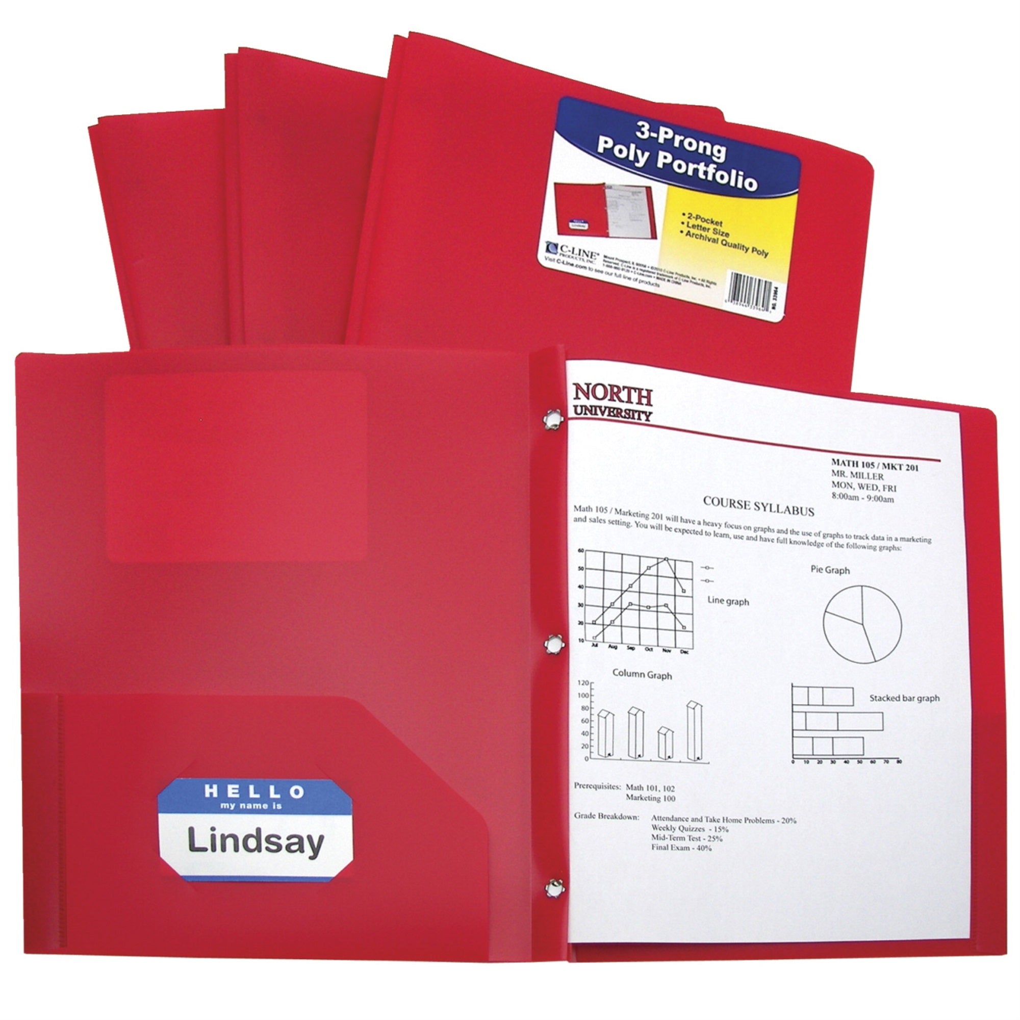 C-Line Poly Portfolio Folder With Prongs, Letter, Red, Pack Of 25