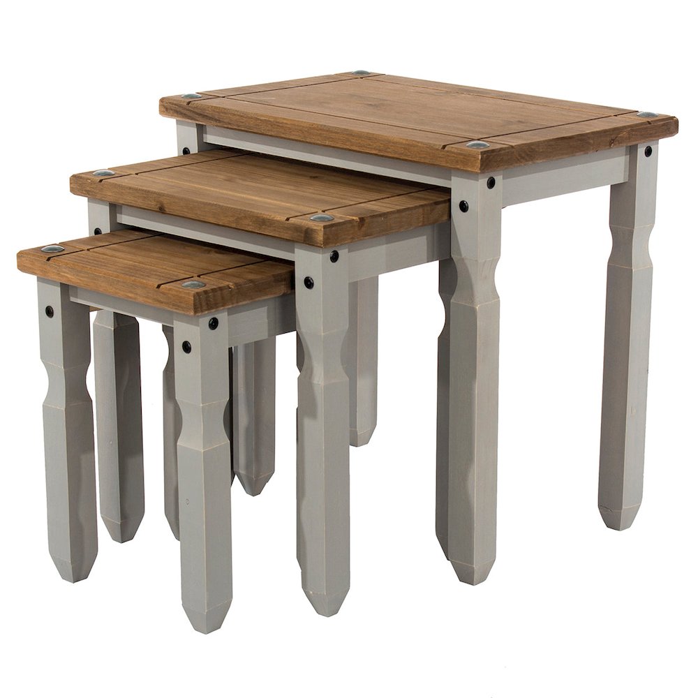 3Piece Farmhouse Pine Nesting Side Table Set  Corona Gray & Wood Top