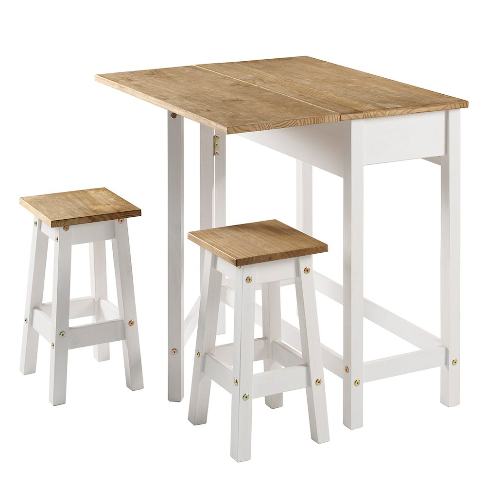 3Piece Farmhouse Drop Leaf Folding Dining Set  Distressed White & Wood