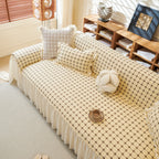 Grid Textured Sofa Cover with Sheer Ruffle Skirt, Pet-Friendly Sofa Throw Slipcover