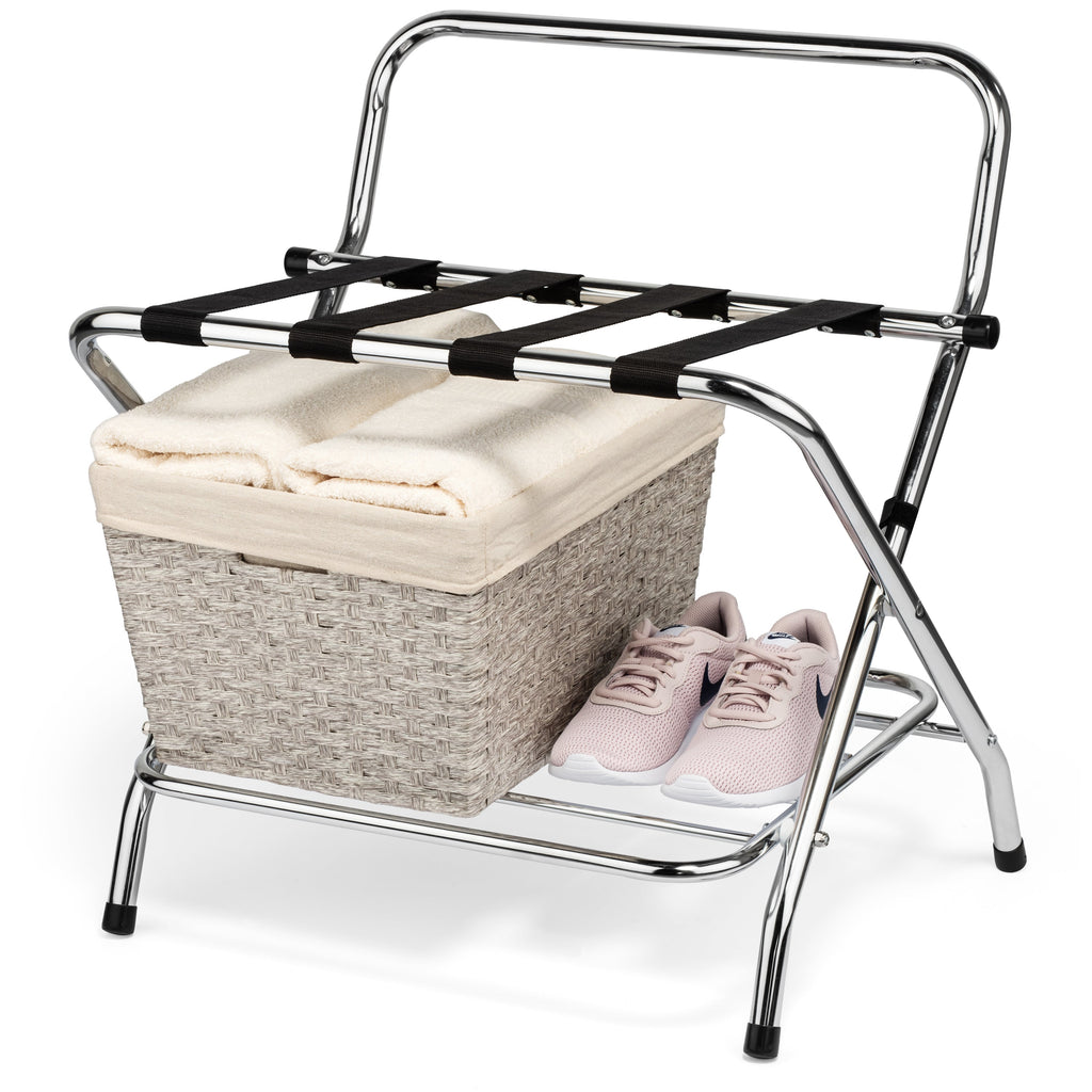 2-Tier Folding Luggage Rack with High Back, Rubber Feet, Black Alloy Steel