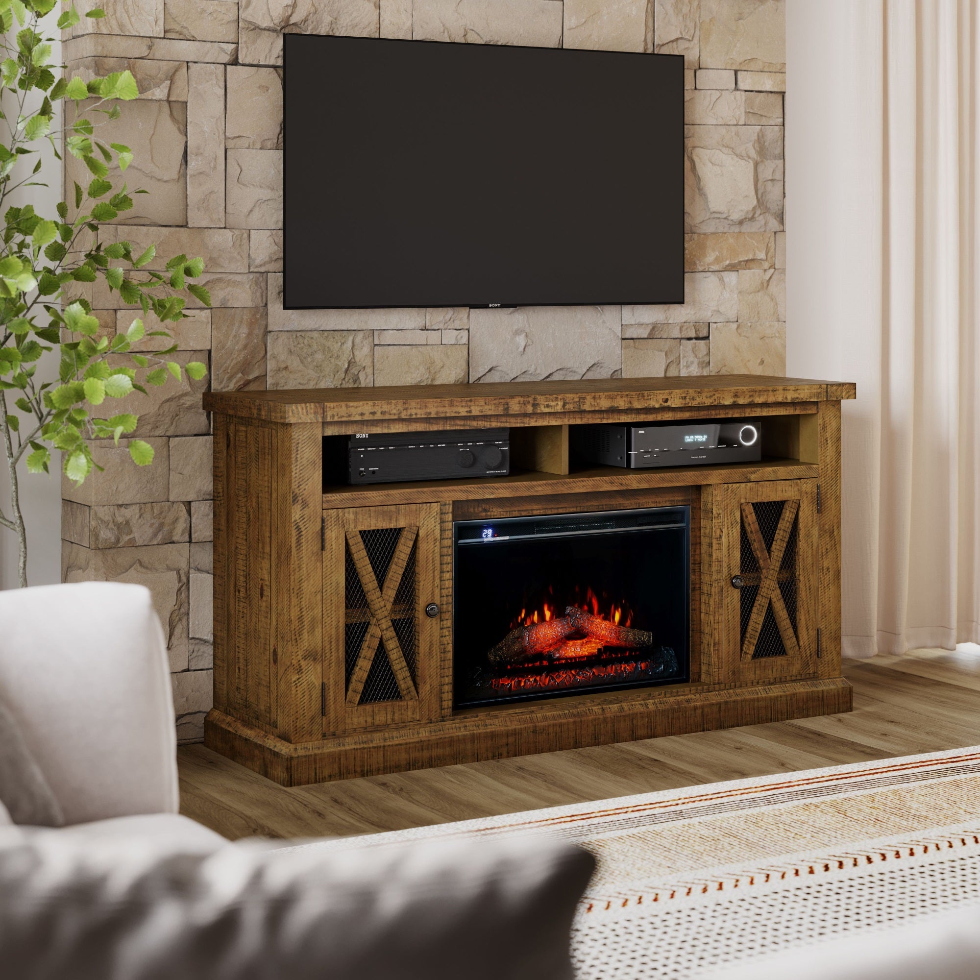 Telluride Rustic Solid Pine 60'' Storage Console TV Stand with Electric Fireplace