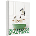 Sylvie Penguins in Eclectic Green Panel Wall Bathtub Framed Canvas by Amy Peterson