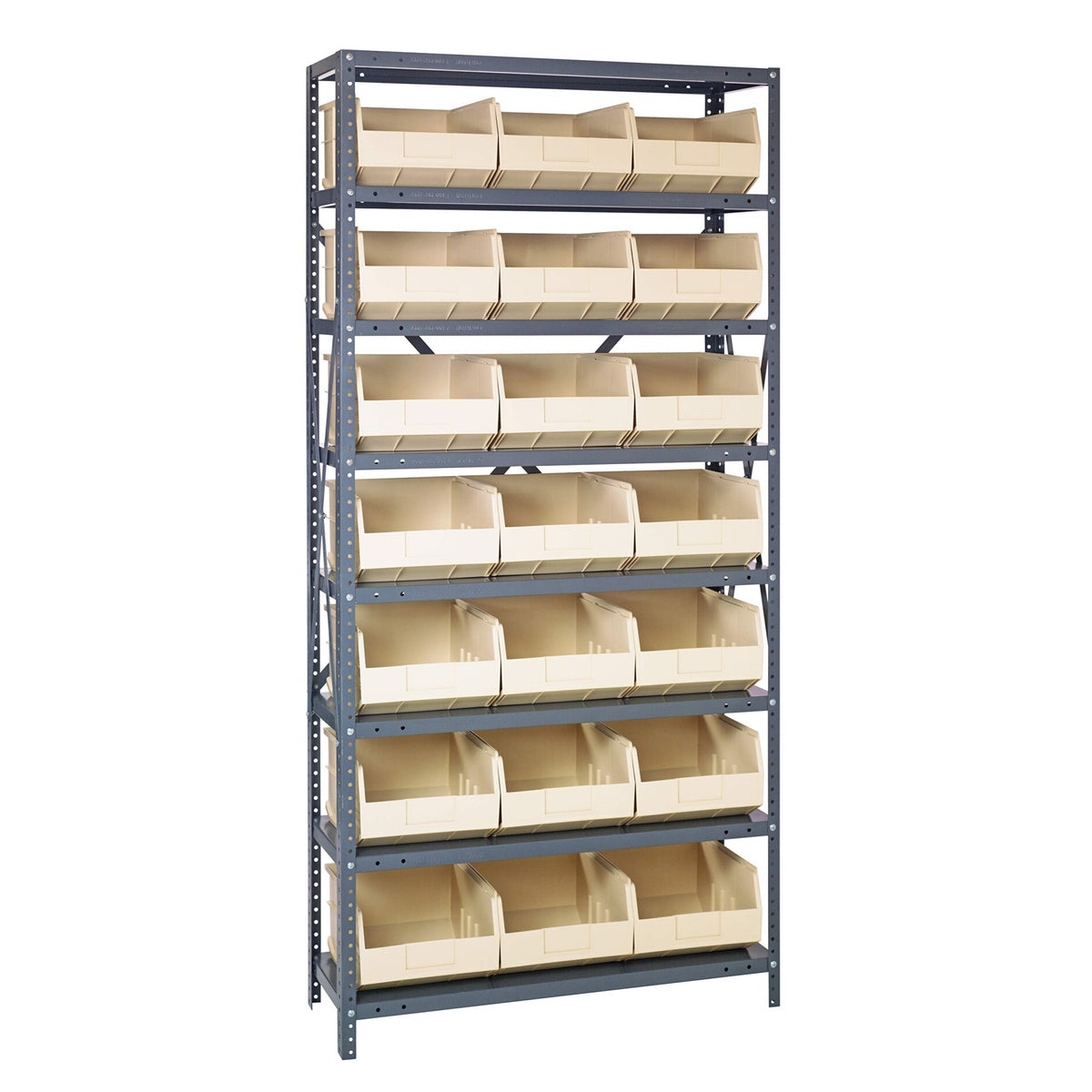 Quantum 1875465Iv Shelving Unit, 18 Inch D X 36 Inch L X 75 Inch H, Carbon Steel, Galvanized With Ivory Bins