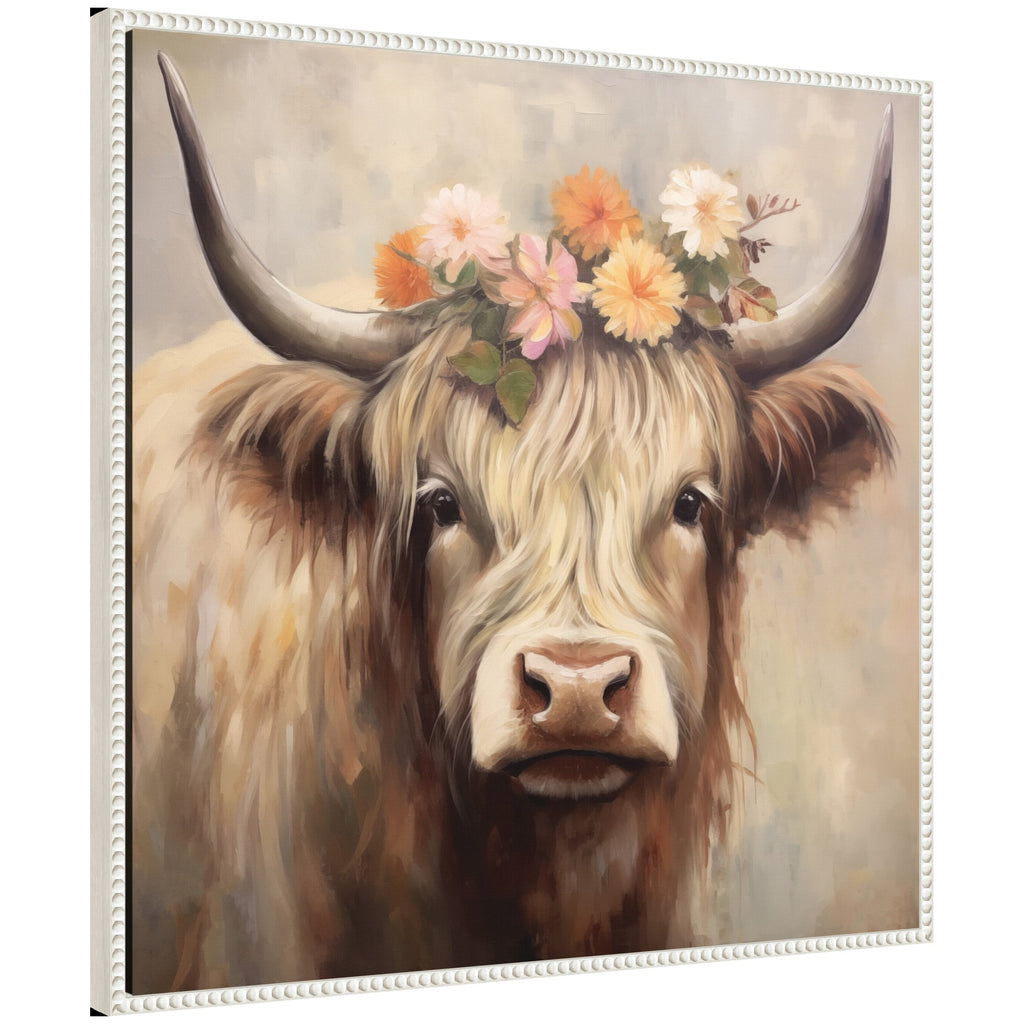 Sylvie Adorable Floral Boho Highland Cow Framed Canvas by The Creative Bunch Studio