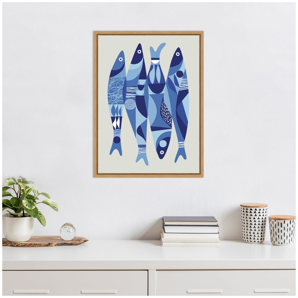 Sylvie Modern Coastal Sardines in Blue Framed Canvas by Rachel Lee