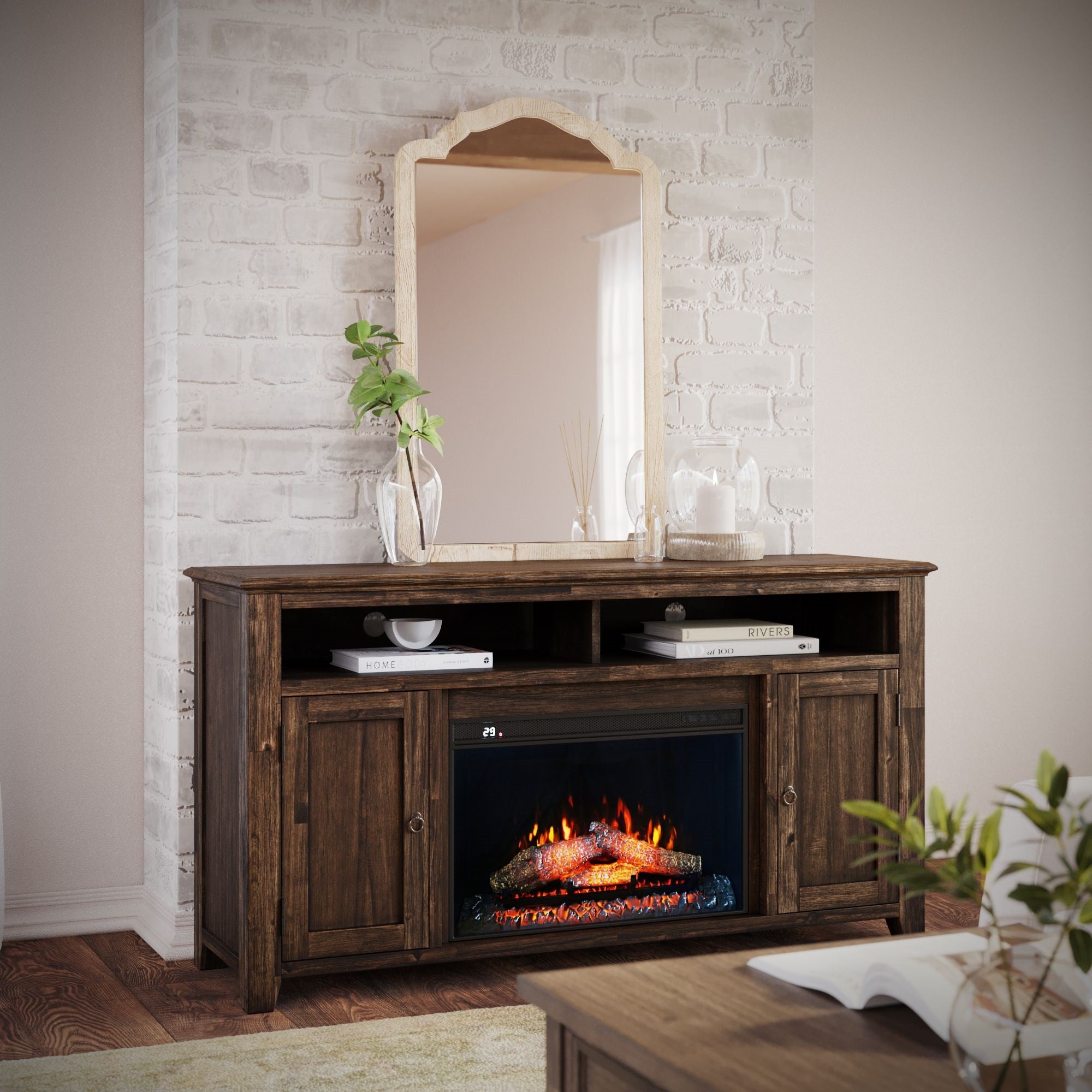 Bakersfield Transitional Rustic 60'' Storage Console TV Stand with Electric Fireplace