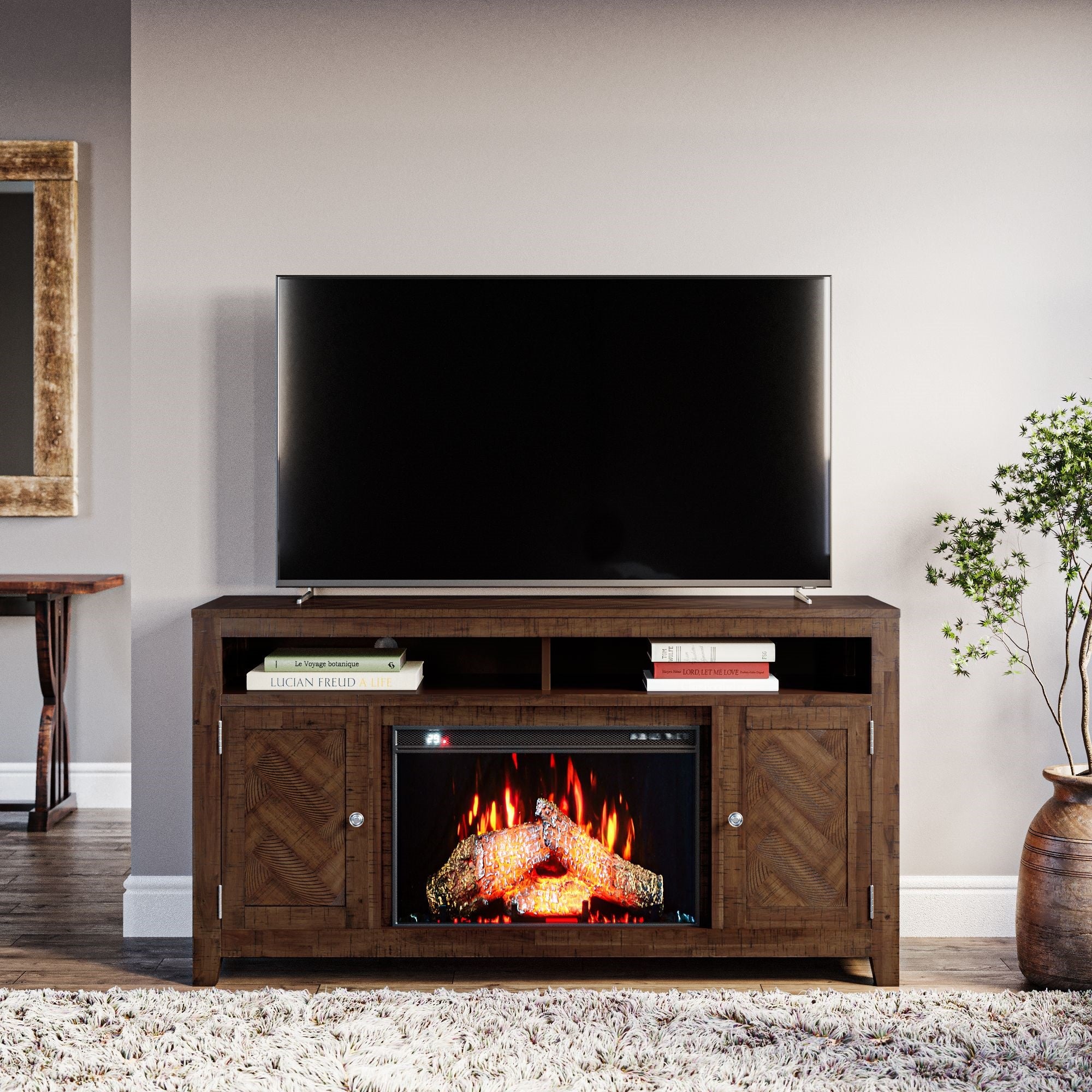 Fairview Modern Transitional 60'' Chevron Fireplace Storage Console TV Stand with Electric Fireplace