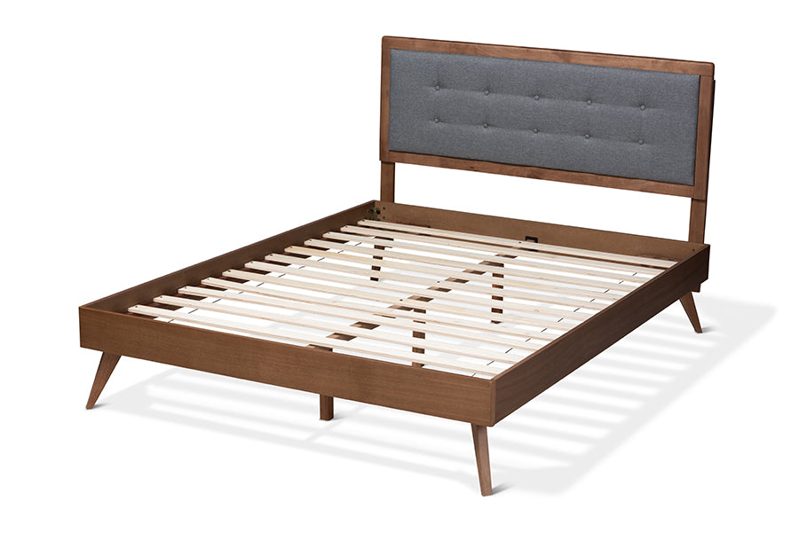 Baxton Studio Ines MidCentury Modern Dark Grey Fabric Upholstered Walnut Brown Finished Wood Queen Size Platform Bed