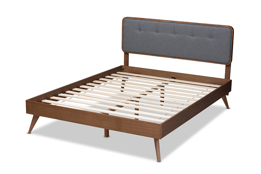 Baxton Studio Dilara MidCentury Modern Dark Grey Fabric Upholstered Walnut Brown Finished Wood Queen Size Platform Bed