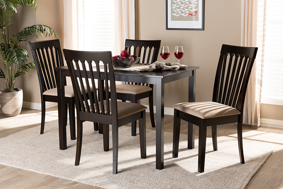 Baxton Studio Minette Modern and Contemporary Sand Fabric Upholstered Espresso Brown Finished Wood 5Piece Dining Set