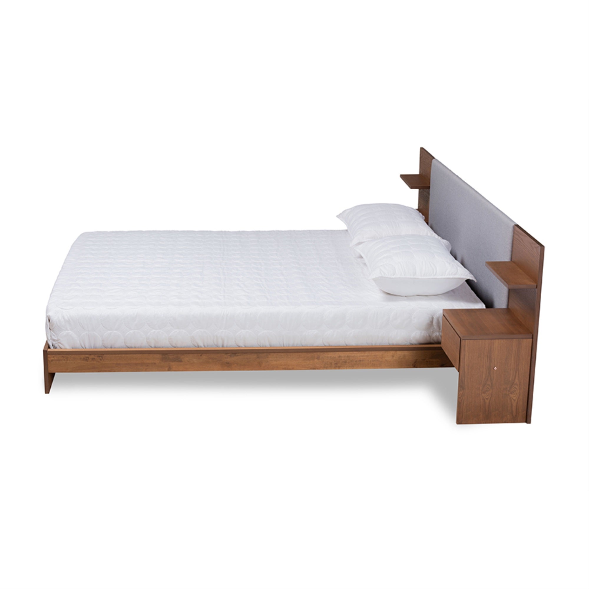 Baxton Studio Sami Modern and Contemporary Light Grey Fabric Upholstered and Walnut Brown Finished Wood Queen Size Platform Stor