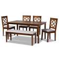 Baxton Studio Gabriel Modern And Contemporary Grey Fabric Upholstered And Walnut Brown Finished Wood 6Piece Dining Set