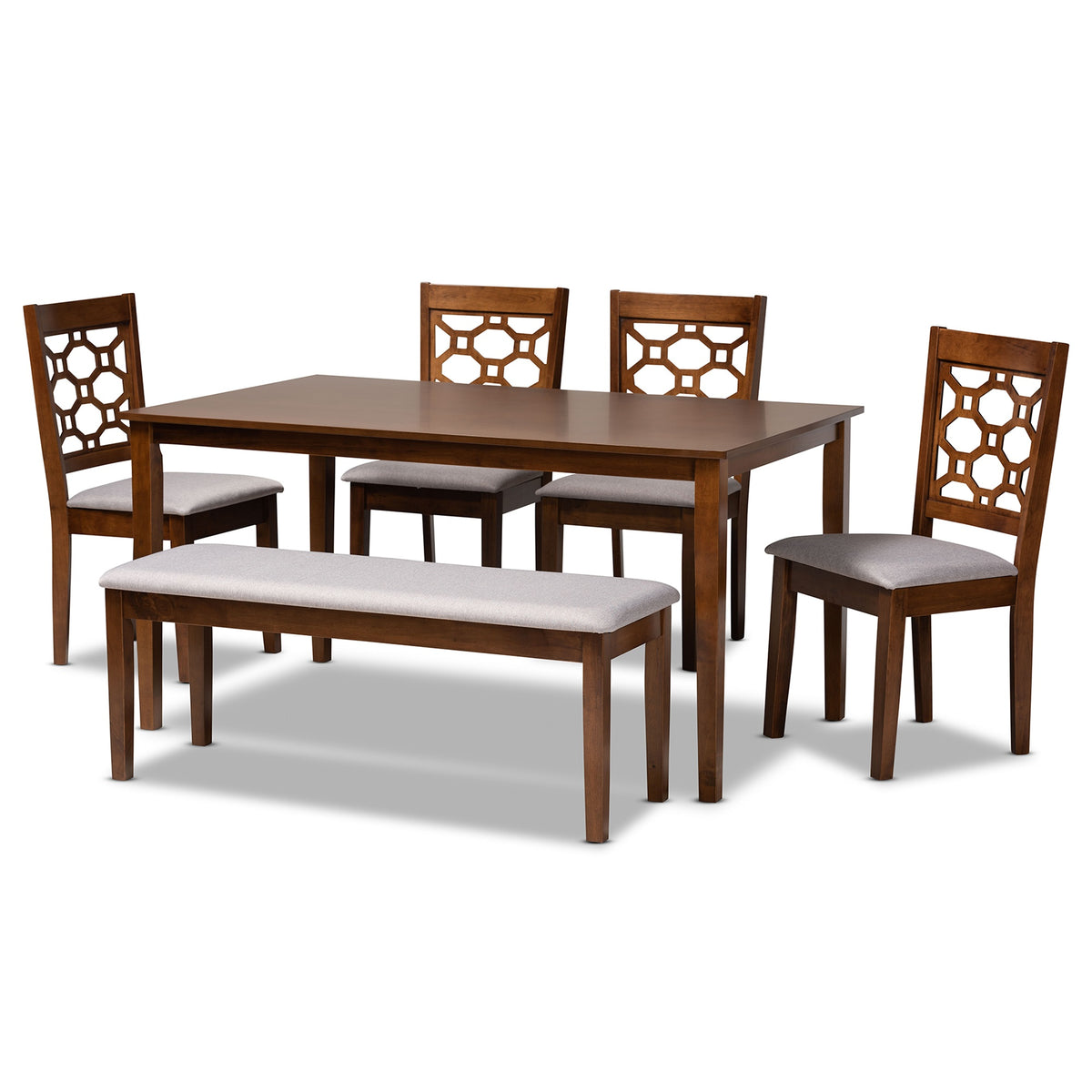 Baxton Studio Gabriel Modern And Contemporary Grey Fabric Upholstered And Walnut Brown Finished Wood 6Piece Dining Set