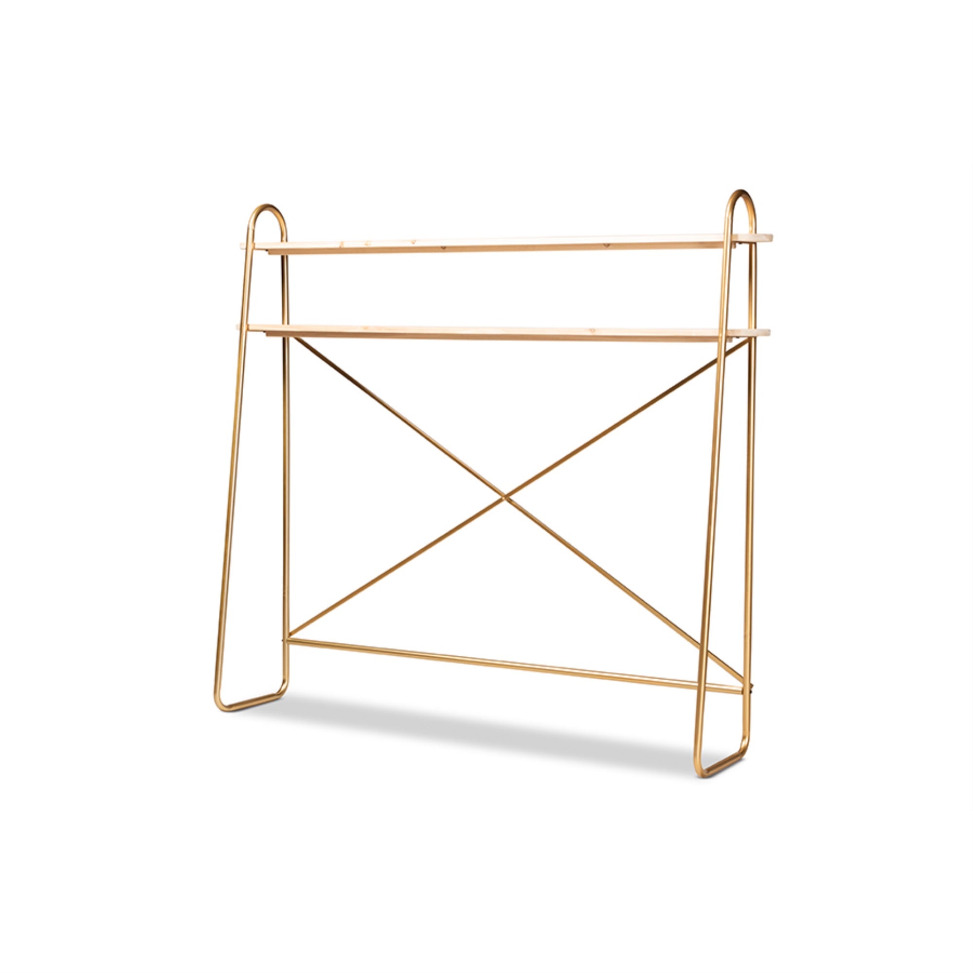 Baxton Studio Merida Glam and Luxe Brushed Gold Finished Metal and Natural Brown Finished Wood 2Tier Over Bed Queen Size Storag