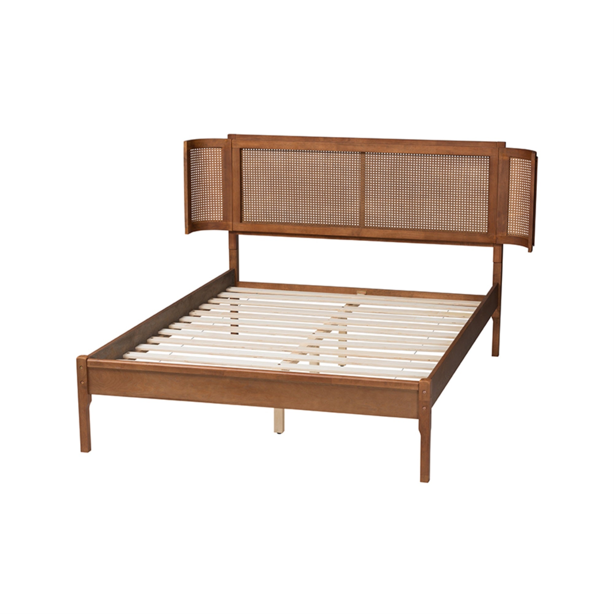 Baxton Studio Eridian MidCentury Modern Walnut Brown Finished Wood and Natural Rattan Full Size Platform Bed