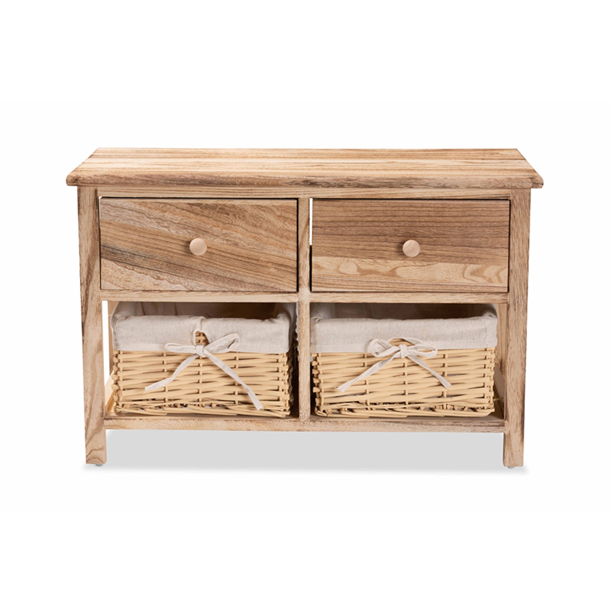 Baxton Studio Kenwood Rustic and Contemporary Oak Brown Finished Wood 2-Drawer Storage Unit with Woven Baskets
