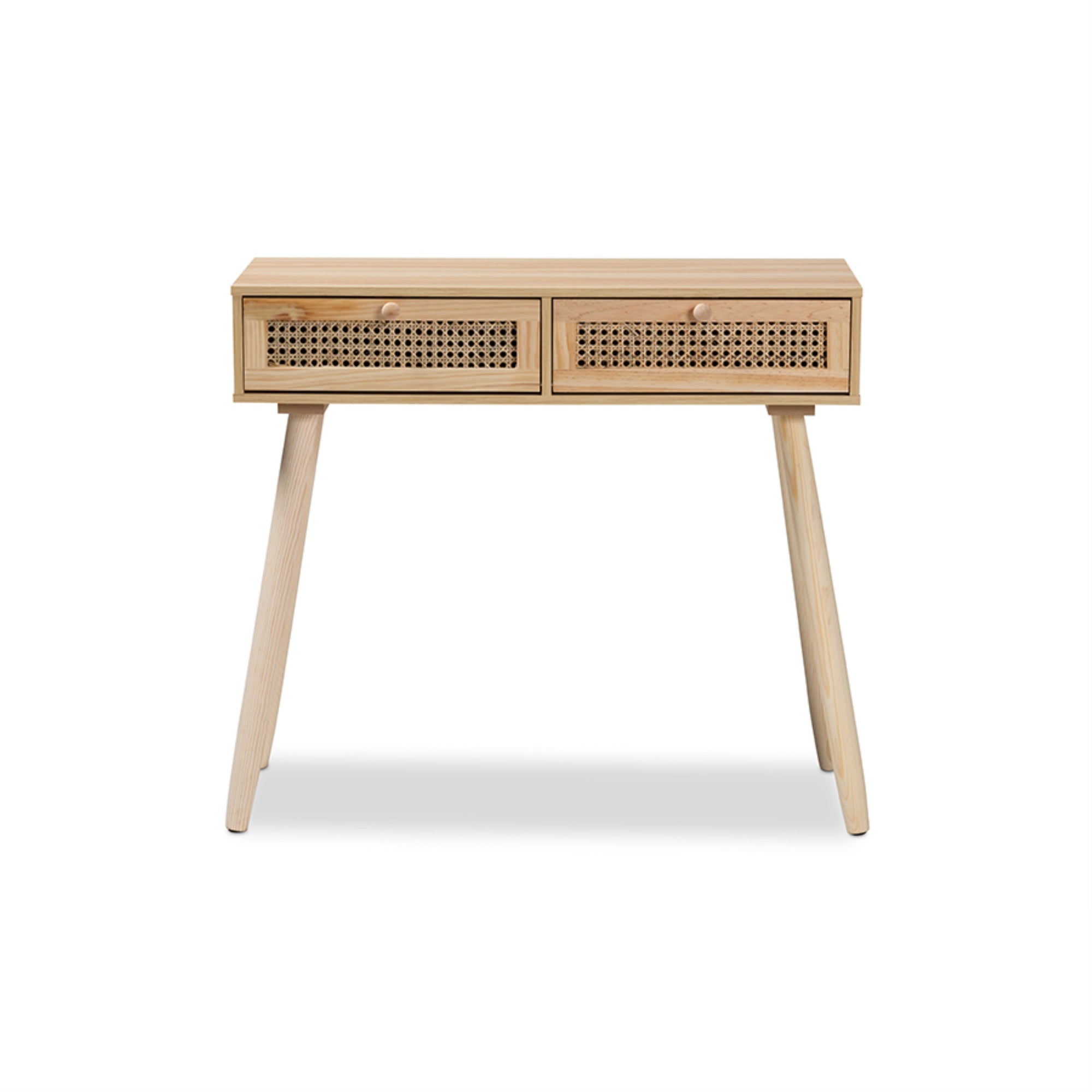 Baxton Studio Maclean MidCentury Modern Rattan and Natural Brown Finished Wood 2Drawer Console Table