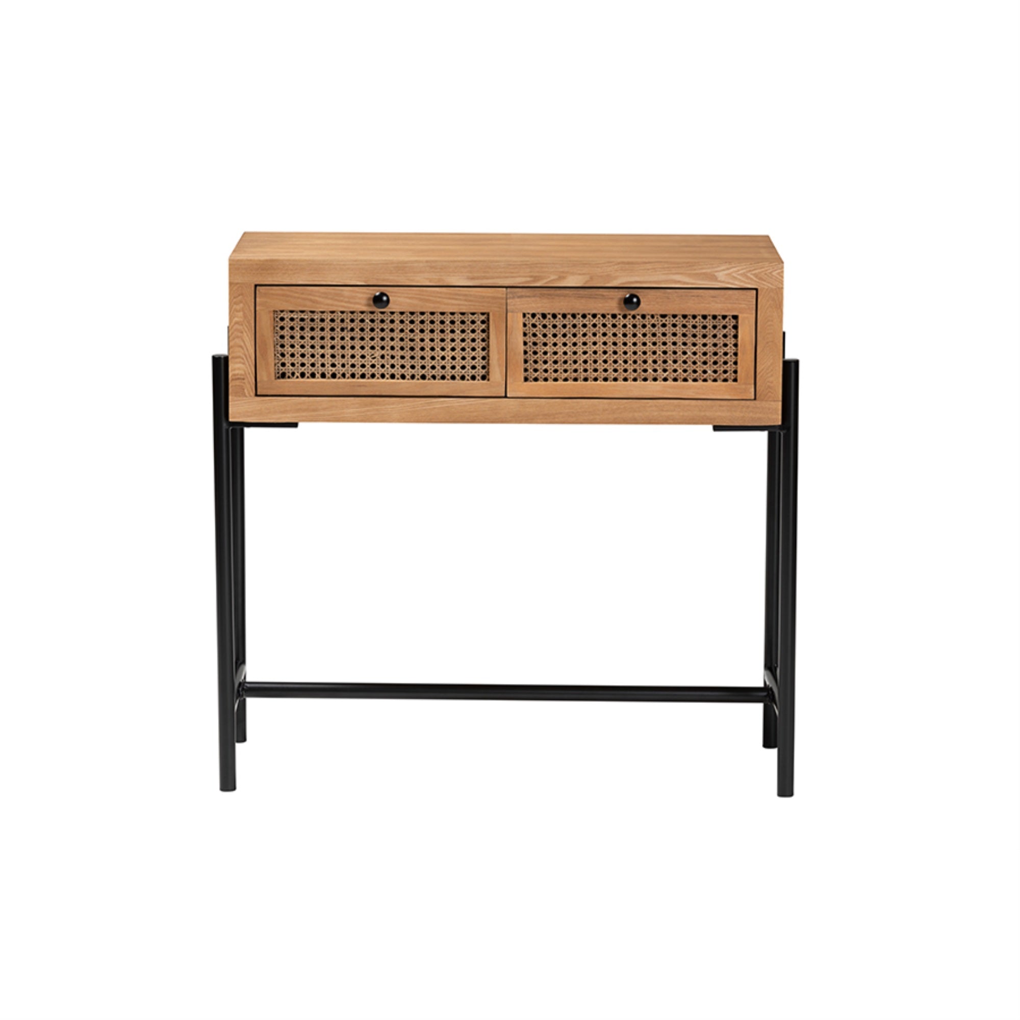 Baxton Studio Santino Natural Brown Wood and Black Metal 2-Drawer Console Table