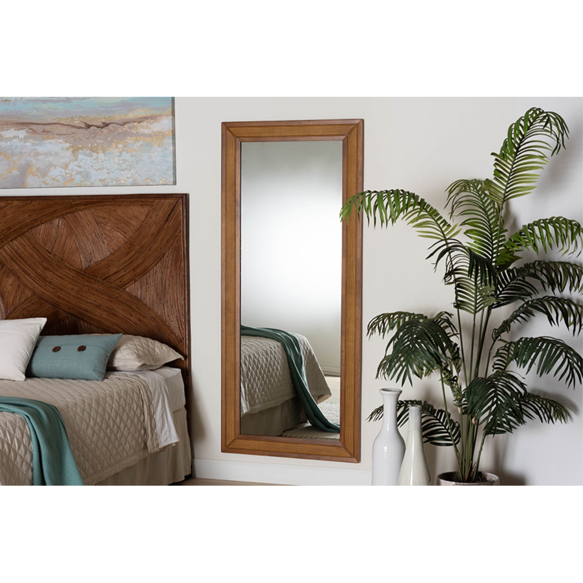 Baxton Studio Rowanne Mid-Century Modern Walnut Brown Rubberwood And Rattan Frame Wall Mirror