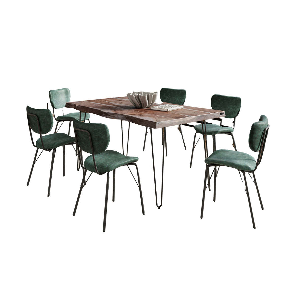 Nature's Edge 60'' Seven Piece Modern Dining Set with Upholstered Contemporary Chairs - Slate and Jade