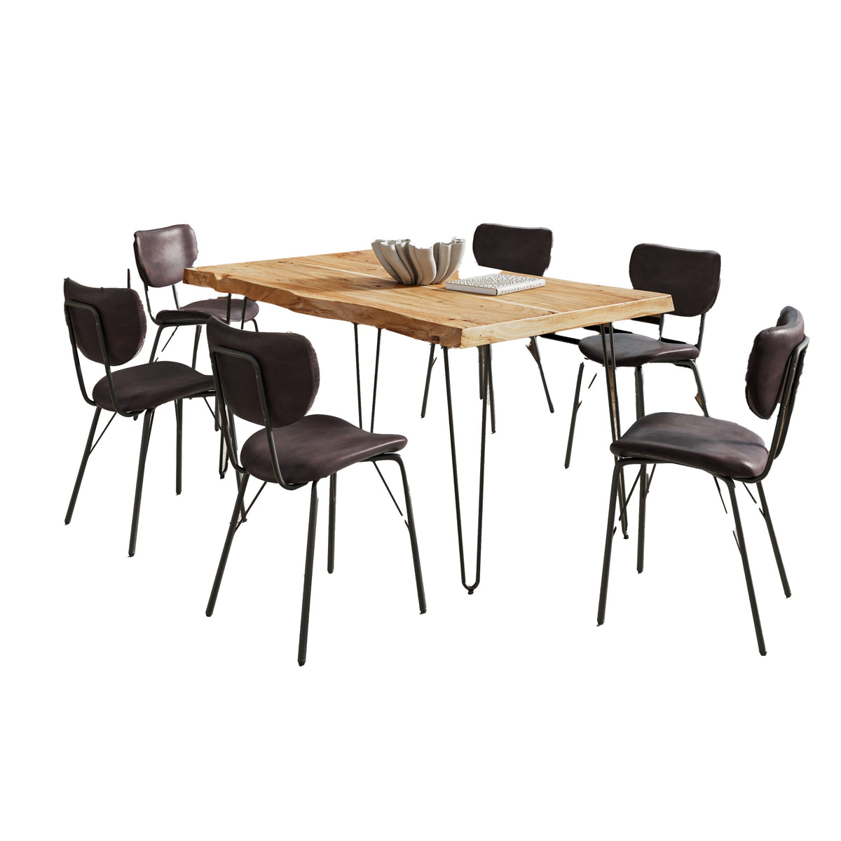 Nature's Edge 60'' Seven Piece Modern Dining Set with Upholstered Contemporary Chairs - Natural and Dark Brown