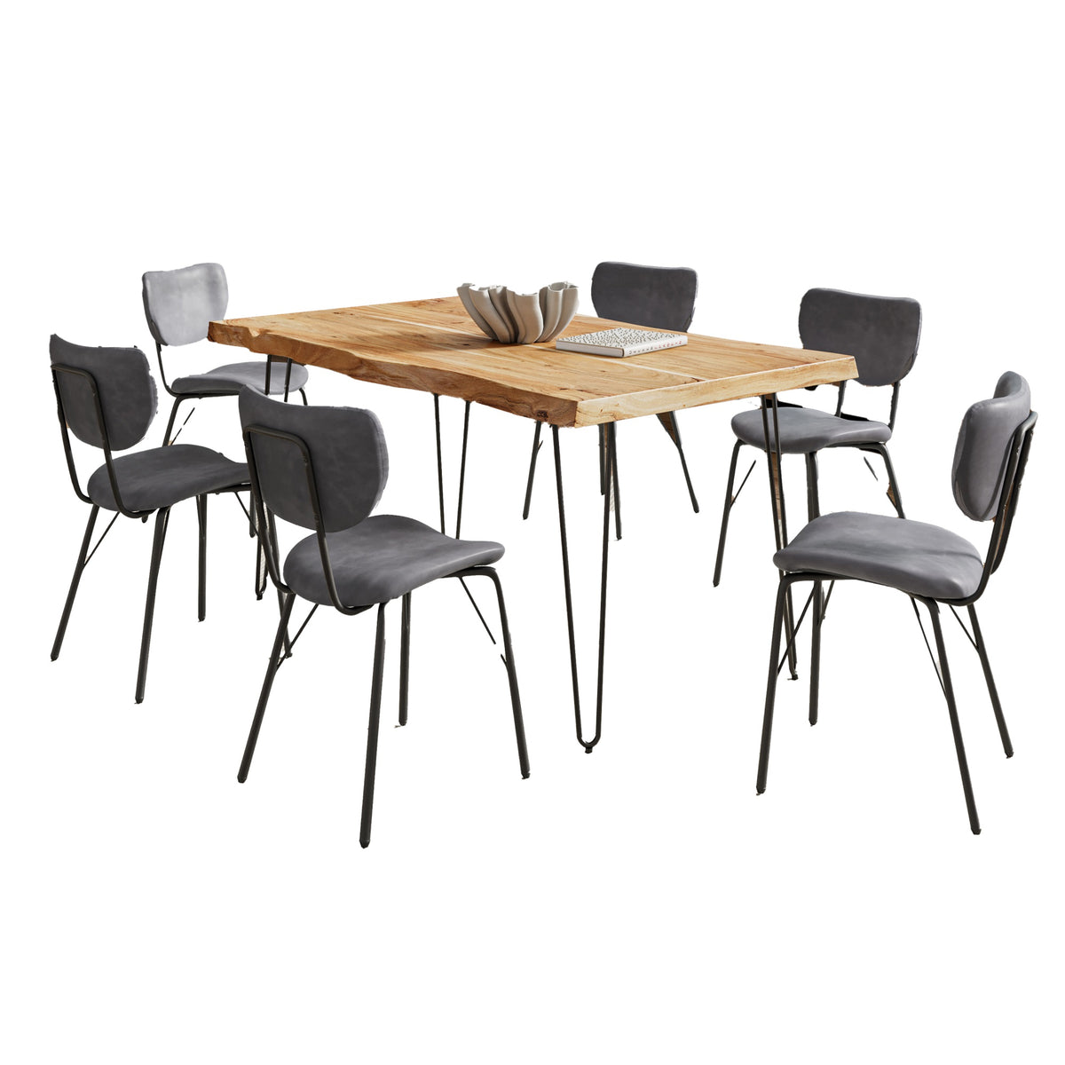 Nature's Edge 60'' Seven Piece Modern Dining Set with Upholstered Contemporary Chairs - Natural and Grey