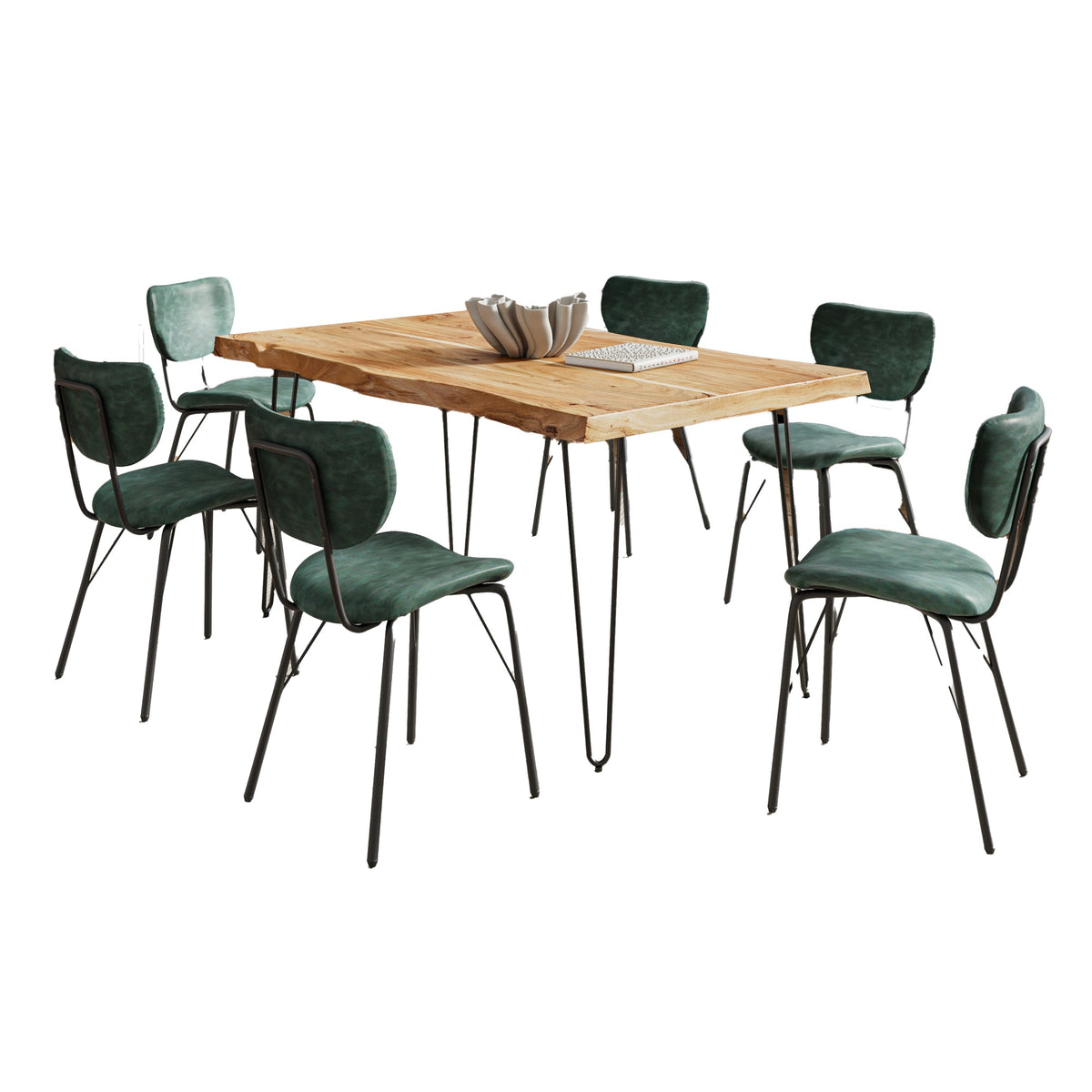 Nature's Edge 60'' Seven Piece Modern Dining Set with Upholstered Contemporary Chairs - Natural and Jade
