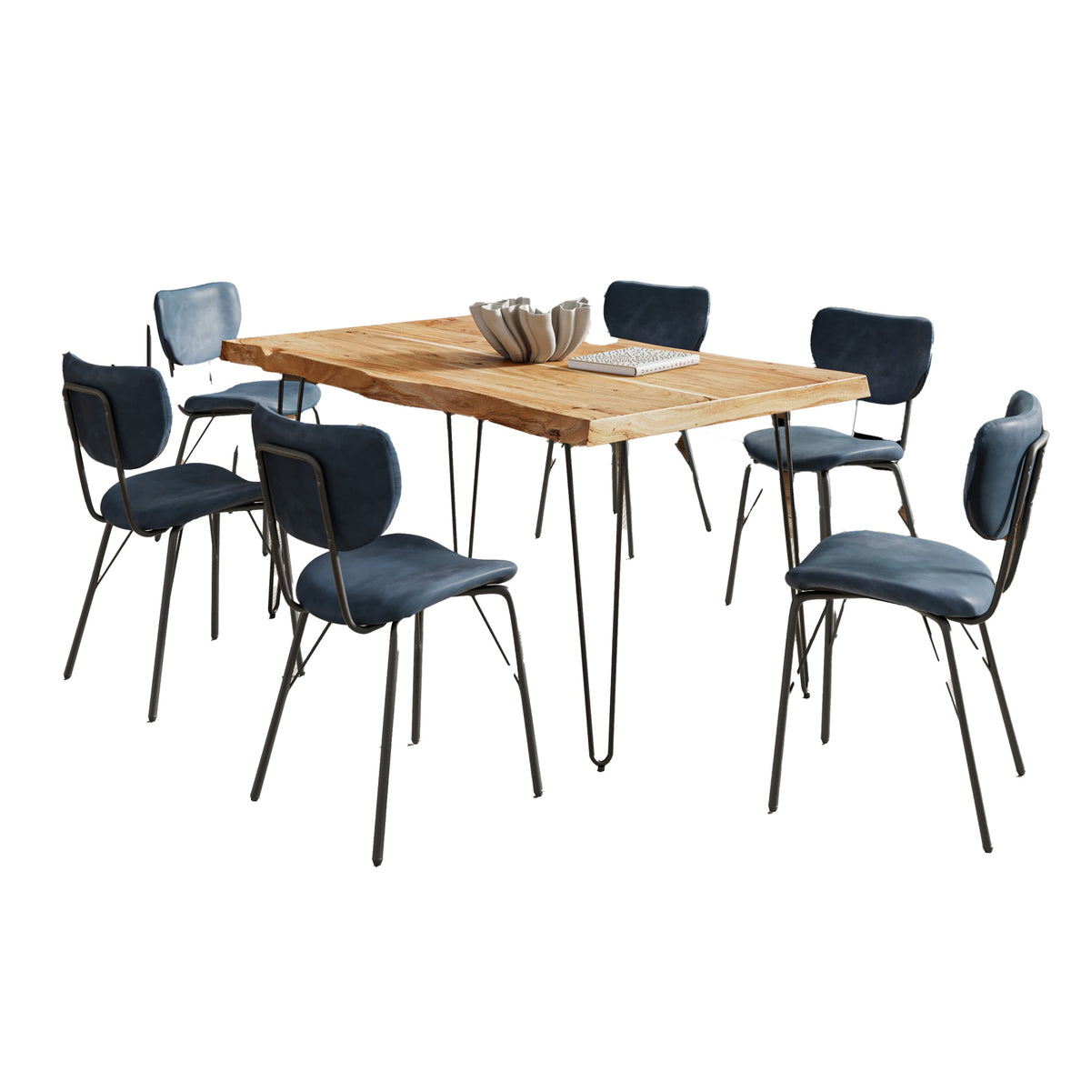 Nature's Edge 60'' Seven Piece Modern Dining Set with Upholstered Contemporary Chairs - Natural and Slate Blue